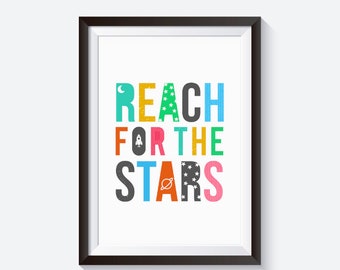 Reach for the stars, space nursery print, star quote, space home decor, moon and stars, rocket print, space nursery decor, space gift, moon