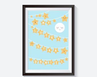 Personalised nursery print, custom quote print, stars nursery, personalised art, bunting print, moon and stars, custom children's room, star