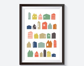 Pastel houses print, baby room print, houses print, house illustration, boho nursery print, childrens room, house decor, pastel nursery, art
