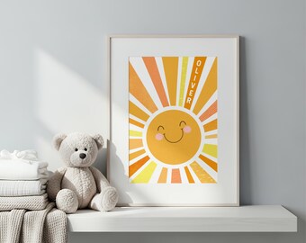 Sun nursery print, sun ray print, cute sun poster, nursery prints, personalised nursery, bedroom decor, smiling sun print, happy sun, kids
