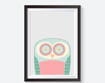 Estampado de búho, arte de patrón, impresión de guardería de búho, arte de habitación para niños, ilustración de búho, arte de pared de búho, decoración de guardería, regalos de baby shower, regalo de bebé