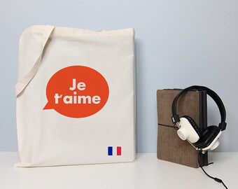 Je t'aime bag, tote bag, french tote, love you, french quote, cotton tote, tote, handbag, french saying, french flag, typography tote, bag