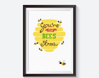 Beehive Illustration, bee print, the bees knees, illustrated quote, bumble bee art, typography print, honey bee, bee illustration, bee art