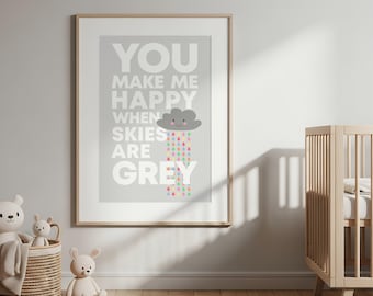 You make me happy when skies are grey, cute cloud print, rainbow raindrop prints, cloud print, baby boy nursery art, nursery prints, cute
