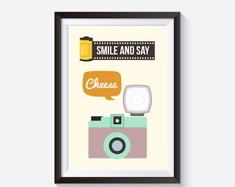 Camera illustration, camera typography, illustrated quote, camera poster, retro camera, vintage camera illustration,  Smile and say cheese