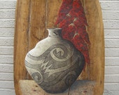 Native American Indian pottery painting, By Rae Jeanne. Oil painting on a hand carved Huge dough bowl. Original.