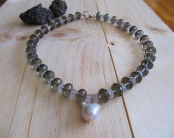 Statement smoky quartz and lavender amethyst necklace with a natural baroque pearl pendant