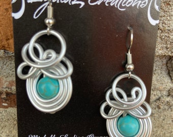 Bold Flirty Eye Catching Wire Wrapped/Silver Jewelry/Silver Earrings/Silver Turquoise/Light Blue/Aluminum Earrings/LydiaZ/lightweight