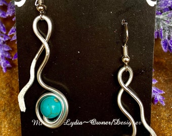Unique Turquoise Silver Hammered Jewelry/Silver Blue Aluminum Earrings/LydiaZ/lightweight/Silver Wire Wrapped Jewelry/Hippie/Beautiful/Boho