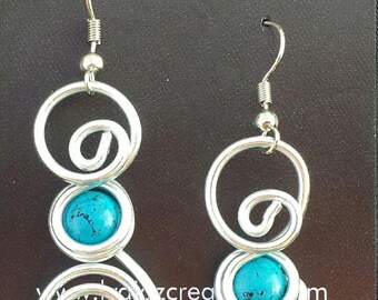 Wire Wrapped/Silver Jewelry/Silver Blue Turquoise Earrings/Turquoise Aluminum Earrings/LydiaZ/lightweight/Boho/Hippie/wire earring jewelry