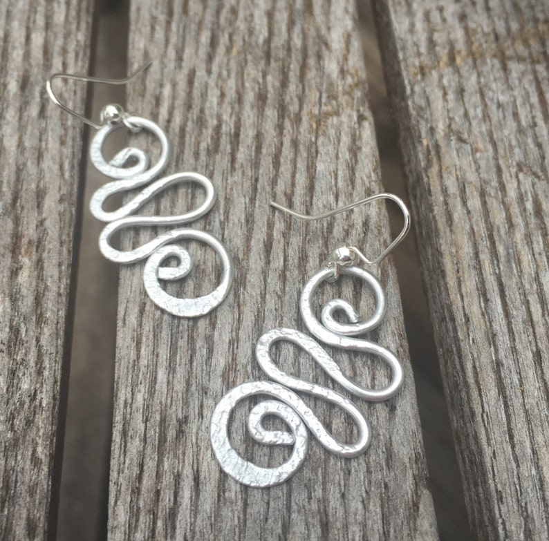 Unique Silver Hammered Jewelry/Silver Earrings/Silver Aluminum Earrings/LydiaZ/lightweight/Silver Wire Wrapped Jewelry/Hippie/Beautiful/Boho image 2