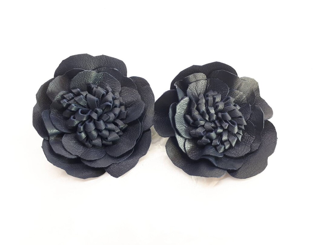 Navy Shoe Clips Navy Leather Flowers Blue Leather Shoe Etsy