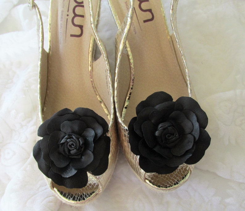 Pair black leather flower shoe clips leather shoe ornaments Etsy