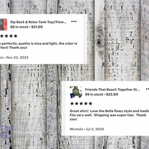 May include: Two product listings with customer reviews. The first listing is for a tank top with the text "Sip Back & Relax Tank Top//Flow..." and a five-star rating. The second listing is for a t-shirt with the text "Friends That Beach Together St..." and a five-star rating.