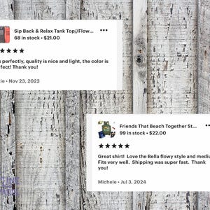 May include: Two product listings with customer reviews. The first listing is for a tank top with the text "Sip Back & Relax Tank Top//Flow..." and a five-star rating. The second listing is for a t-shirt with the text "Friends That Beach Together St..." and a five-star rating.