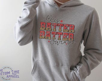 Bella Canvas Hey Batter Batter Unisex Hoodie, Baseball Hoodie, Baseball Game Day Hooded Sweatshirt, Mom Baseball Hoodie, Swing Batter Hoodie