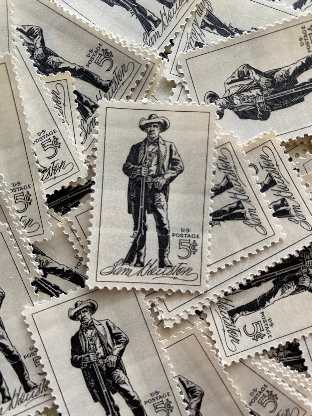 Black and Gray Sam Houston Vintage Postage Stamps // 5 Cents Etsy