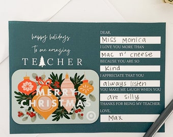 Weihnachts-Lehrer-Geschenk-Kartenhalter | Druckbares Geschenk für Lehrer, Urlaub Geschenk, Winter Pause Lehrer Dankeschön, Kindertagesstätte Lehrer Geschenk