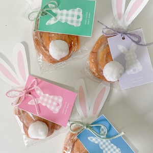 Può includere: Cinque dolcetti pasquali in sacchetti trasparenti, ognuno decorato con orecchie di coniglio ritagliate e un'etichetta. Le etichette presentano un design a coniglietto a quadretti e il testo "Happy Easter Honey Bunny". Ogni dolcetto ha una coda di pompon bianca.
