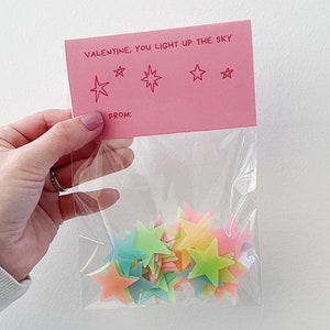 Star Valentine-tastoppers - Glow in the Dark Star Valentine, non-Candy Classroom Valentines, afdrukbare Outer Space Valentine-BEWERKBAAR