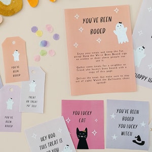 May include: A Halloween themed craft project with a banner that spells out 'HALLOWEEN' in colorful letters. The letters are made of felt and have a watercolor effect. There are also several small cards with ghost and witch illustrations and text that says 'You've Been Booed', 'We've Been Booed', 'You Lucky Cat', 'You've Been Booed You Lucky Witch', and 'Trick or Treat Yo Self'. There are also confetti and spider decorations.