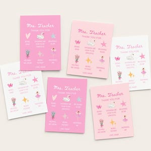 May include: A collection of pink and white teacher appreciation cards. Each card features a swan, star, and ballerina graphic, along with the text "Mrs. Teacher Thank You For". The cards are arranged on a light beige surface.
