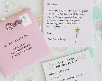 12 Printable Tooth Fairy Letter Set - Toothfairy Notes: Mini Tooth Fairy Card, First Tooth,  Lost Tooth Letter, Tooth Fairy Receipt EDITABLE