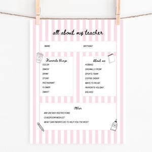 Teacher Favorites Survey Printable - All About My Teacher Questionnaire, Teacher Wish List, Meet the Teacher, Favorite Things List EDITABLE