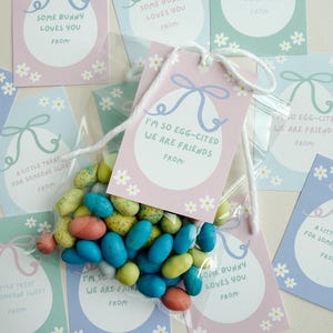 K&ouml;nnte beinhalten: Ein Set Ostergeschenkanh&auml;nger in Pastellfarben mit Blumenmustern. Die Anh&auml;nger zeigen verschiedene Botschaften, darunter "Some bunny loves you" und "I'm so egg-cited we are friends".