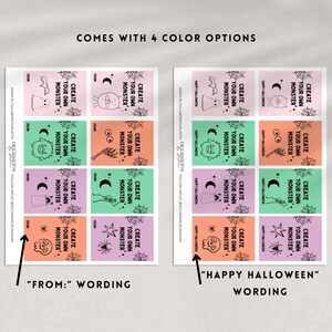 Puede incluir: Dos hojas de etiquetas de regalo con tem&aacute;tica de Halloween con fondos coloridos. Cada etiqueta presenta una ilustraci&oacute;n de monstruo y el texto "Create Your Own Monster". Una hoja dice "From:" y la otra dice "Happy Halloween."