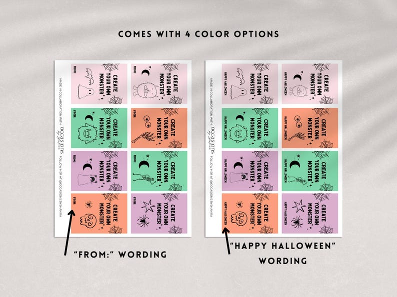 Puede incluir: Dos hojas de etiquetas de regalo con tem&aacute;tica de Halloween con fondos coloridos. Cada etiqueta presenta una ilustraci&oacute;n de monstruo y el texto "Create Your Own Monster". Una hoja dice "From:" y la otra dice "Happy Halloween."