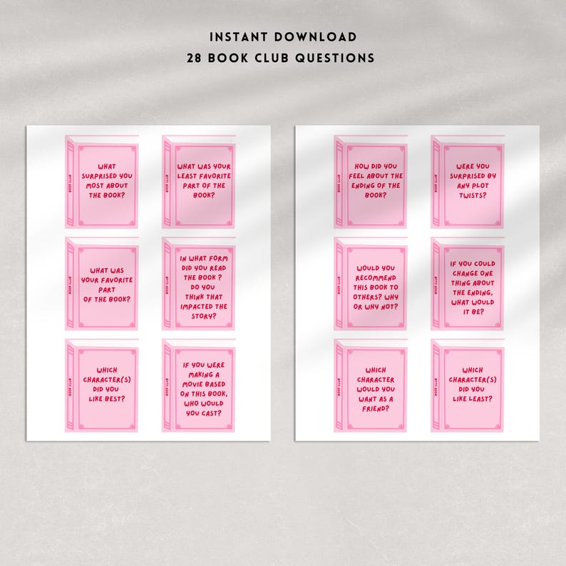 Pode incluir: Perguntas rosa imprim&iacute;veis para um clube do livro com o texto "INSTANT DOWNLOAD 28 BOOK CLUB QUESTIONS". Cada cart&atilde;o tem perguntas como "O que mais te surpreendeu no livro?" e "Que personagem voc&ecirc; gostaria como amigo?"