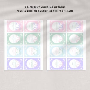 K&ouml;nnte beinhalten: Druckbare Oster-Eier-Geschenk-Etiketten mit f&uuml;nf verschiedenen Wortvarianten. Die Etiketten sind in Pastellfarben mit einem Blumendesign und einem Band.