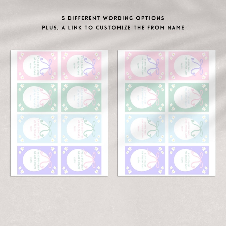 K&ouml;nnte beinhalten: Druckbare Oster-Eier-Geschenk-Etiketten mit f&uuml;nf verschiedenen Wortvarianten. Die Etiketten sind in Pastellfarben mit einem Blumendesign und einem Band.