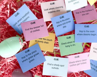Easter Clues Indoor Outdoor Scavenger Hunt for Kids 60 Easter Clue Cards Easter Basket Hunt Game Printable Riddle Cards CUSTOMIZABE