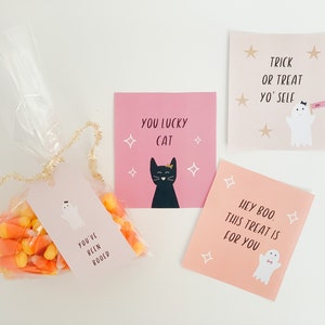 May include: A clear cellophane bag filled with candy corn, tied with gold ribbon, and a pink tag that says "You've been booed." Three pink and peach cards with Halloween-themed graphics and text: "You Lucky Cat," "Trick or Treat Yo' Self," and "Hey Boo, This Treat is for You."
