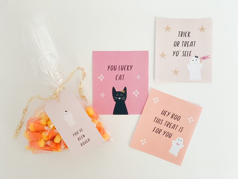 May include: A clear cellophane bag filled with candy corn, tied with gold ribbon, and a pink tag that says "You've been booed." Three pink and peach cards with Halloween-themed graphics and text: "You Lucky Cat," "Trick or Treat Yo' Self," and "Hey Boo, This Treat is for You."