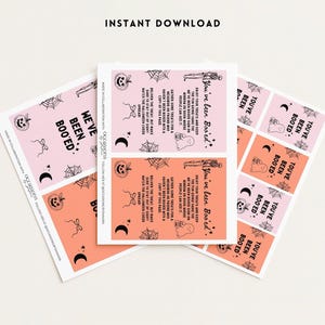 May include: Halloween-themed printable cards with the text "You've been Boo'ed" and "We've been Boo'ed". The cards feature pumpkins, spiderwebs, ghosts, and moons in pink and orange. "Instant Download" is at the top.