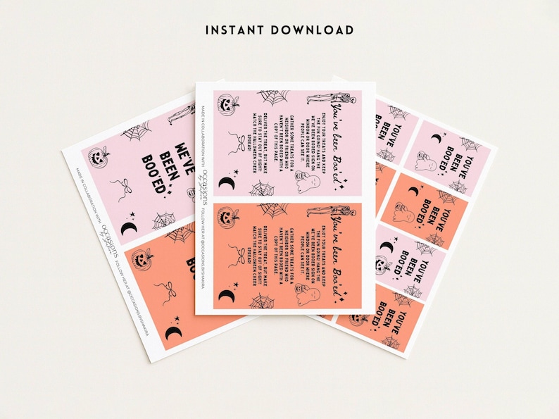 May include: Halloween-themed printable cards with the text "You've been Boo'ed" and "We've been Boo'ed". The cards feature pumpkins, spiderwebs, ghosts, and moons in pink and orange. "Instant Download" is at the top.