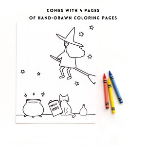 Puede incluir: Una p&aacute;gina de libro para colorear en blanco y negro con una bruja volando en una escoba, un caldero, un gato y el texto "MAGIC SPELLS". La imagen incluye tres crayones en rojo, amarillo y azul. El texto en la parte superior dice "COMES WITH 4 PAGES OF HAND-DRAWN COLORING PAGES".
