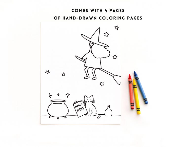 Puede incluir: Una p&aacute;gina de libro para colorear en blanco y negro con una bruja volando en una escoba, un caldero, un gato y el texto "MAGIC SPELLS". La imagen incluye tres crayones en rojo, amarillo y azul. El texto en la parte superior dice "COMES WITH 4 PAGES OF HAND-DRAWN COLORING PAGES".