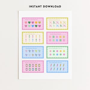 May include: A printable sheet featuring eight colorful reward charts with various designs, including hearts, footprints, and pencils. The text "INSTANT DOWNLOAD" is at the top. Each chart has a decorative border and space for rewards.