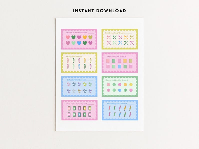 May include: A printable sheet featuring eight colorful reward charts with various designs, including hearts, footprints, and pencils. The text "INSTANT DOWNLOAD" is at the top. Each chart has a decorative border and space for rewards.
