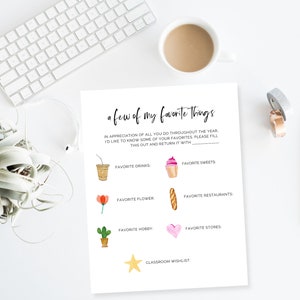 My Favorite Things Teacher Questionnaire, Teacher Survey, Teacher&#39;s Favorite Things, getting to know you Teacher, Back to school printable
