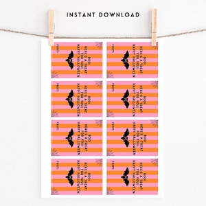 May include: A sheet of Halloween gift tags. Each tag features a black bat silhouette over orange and pink stripes. Text includes "Boo! Here's a treat for you! Happy Halloween" and "From:" at the top. "Instant Download" is at the top.