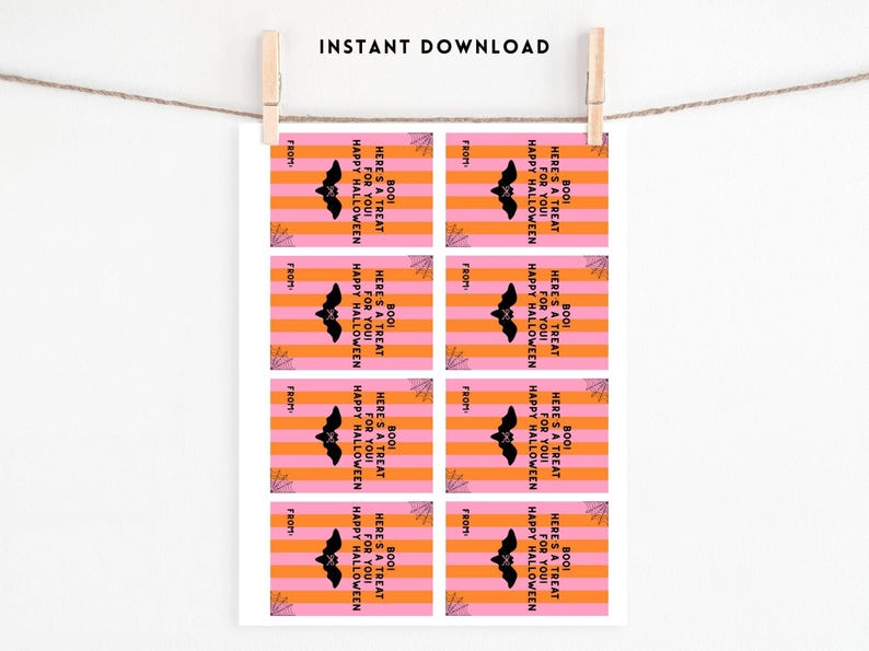 May include: A sheet of Halloween gift tags. Each tag features a black bat silhouette over orange and pink stripes. Text includes "Boo! Here's a treat for you! Happy Halloween" and "From:" at the top. "Instant Download" is at the top.
