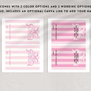 May include: Two printable designs for favor tags. The tags feature pink and white stripes with a pink bow and the text "Thank you for keeping me on my toes. You are tutu sweet. Love."