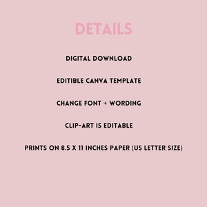 K&ouml;nnte beinhalten: Ein digitaler Download einer editierbaren Canva-Vorlage zum Drucken auf Papier im Format 8,5 x 11 Zoll. Die Vorlage erm&ouml;glicht es Ihnen, die Schriftart und den Text zu &auml;ndern, und die Cliparts sind editierbar.
