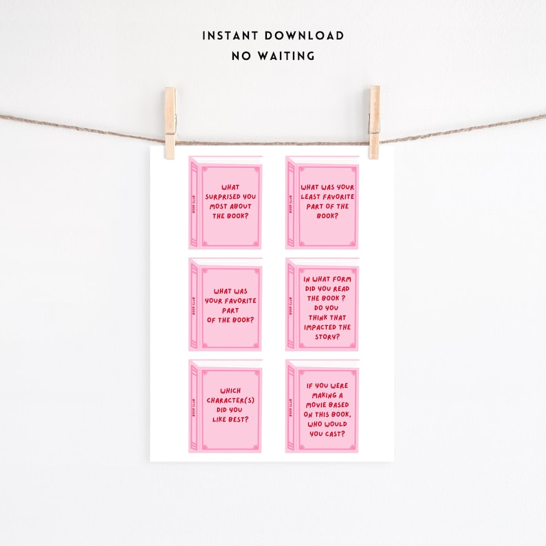 Pode incluir: Uma impress&atilde;o rosa com seis perguntas sobre um livro, incluindo "O que mais te surpreendeu no livro?" e "De qual(is) personagem(s) voc&ecirc; mais gostou?" As palavras "Download instant&acirc;neo" e "Sem espera" est&atilde;o no topo.