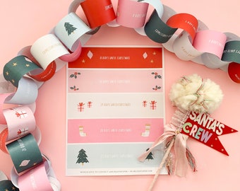 Christmas Countdown Calendar for kids - Printable Christmas Advent Paper Chain - Red, Mint, Pink, Green, Cream Version